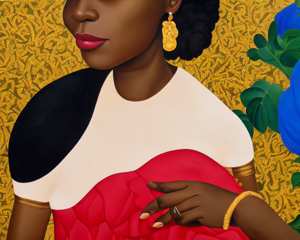 Dark-skinned woman in red dress with gold jewelry on yellow background with blue flowers