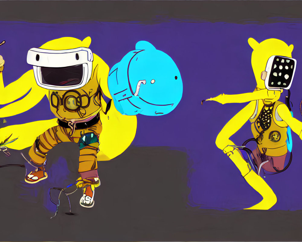 Whimsical yellow characters in space suits dancing on purple background