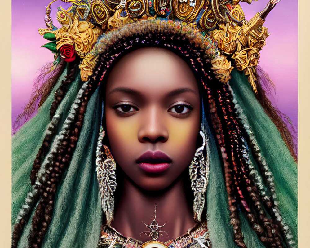 Regal portrait of a woman in ornate golden crown and vibrant colors