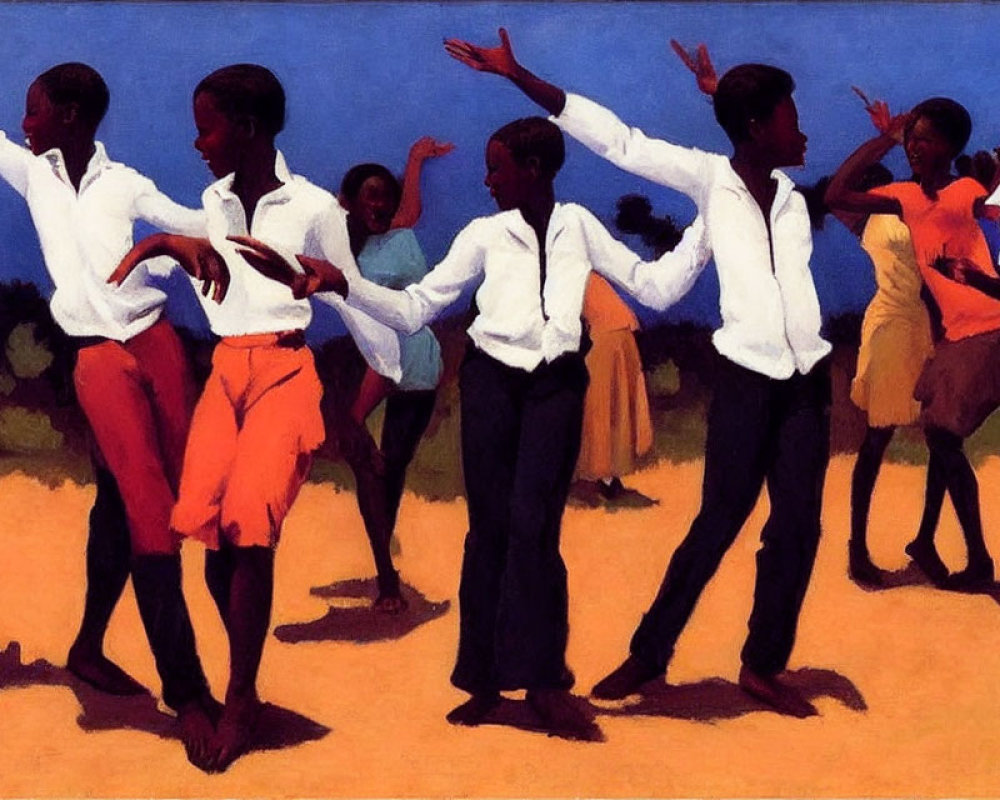 Vibrant painting of people dancing in colorful attire