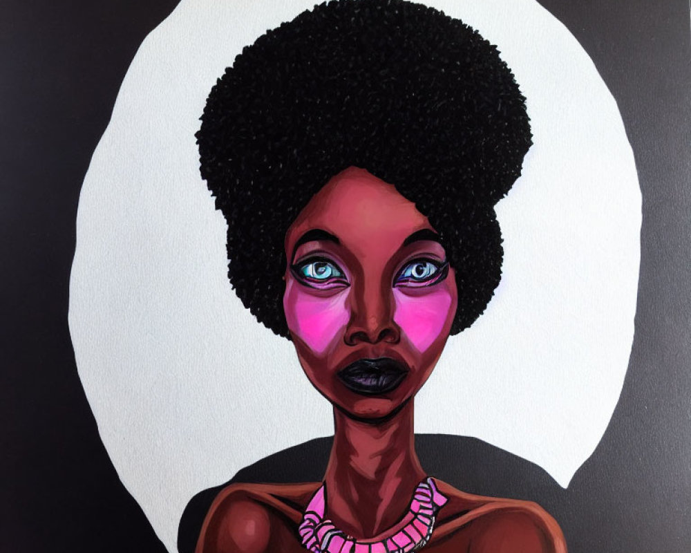Portrait of a person with afro and purple lips on dark background