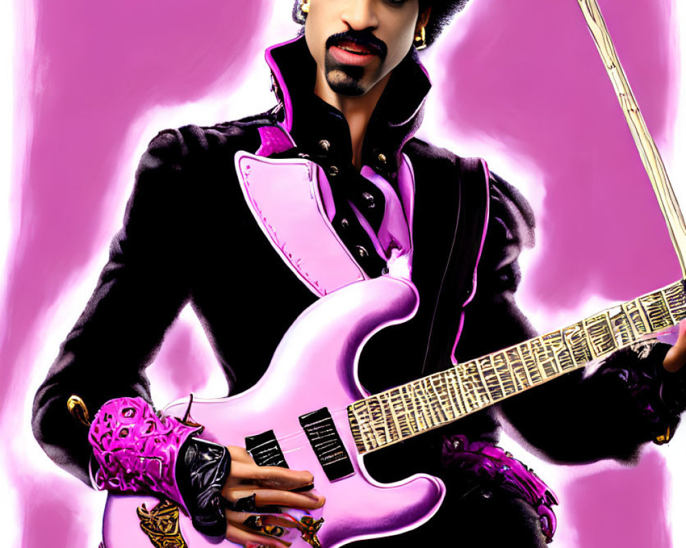 Illustrated figure in flamboyant purple outfit with unique guitar on pink background
