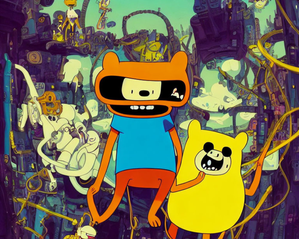 Boy in bear hat and yellow dog in colorful, chaotic scene