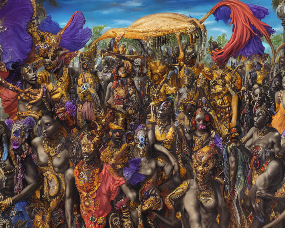 Colorful painting of people in body paint and elaborate costumes.