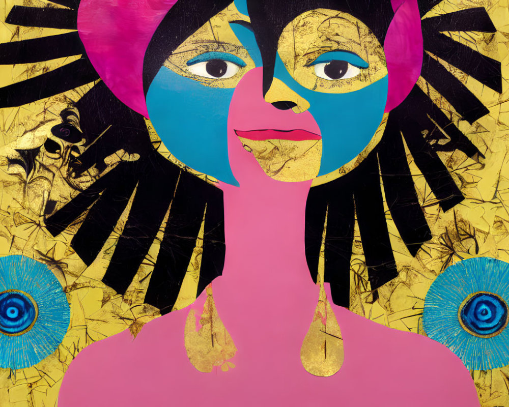 Colorful Abstract Portrait of Woman with Geometric Blue and Gold Face