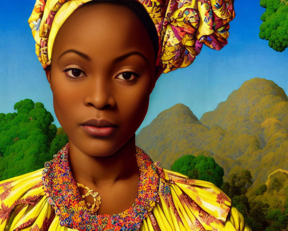 Colorful Headwrap Woman in Yellow Clothing Against Vibrant Landscape