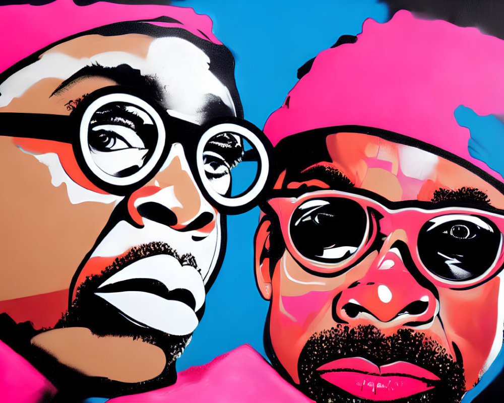 Vibrant street art featuring two figures with glasses and pink accents on blue backdrop