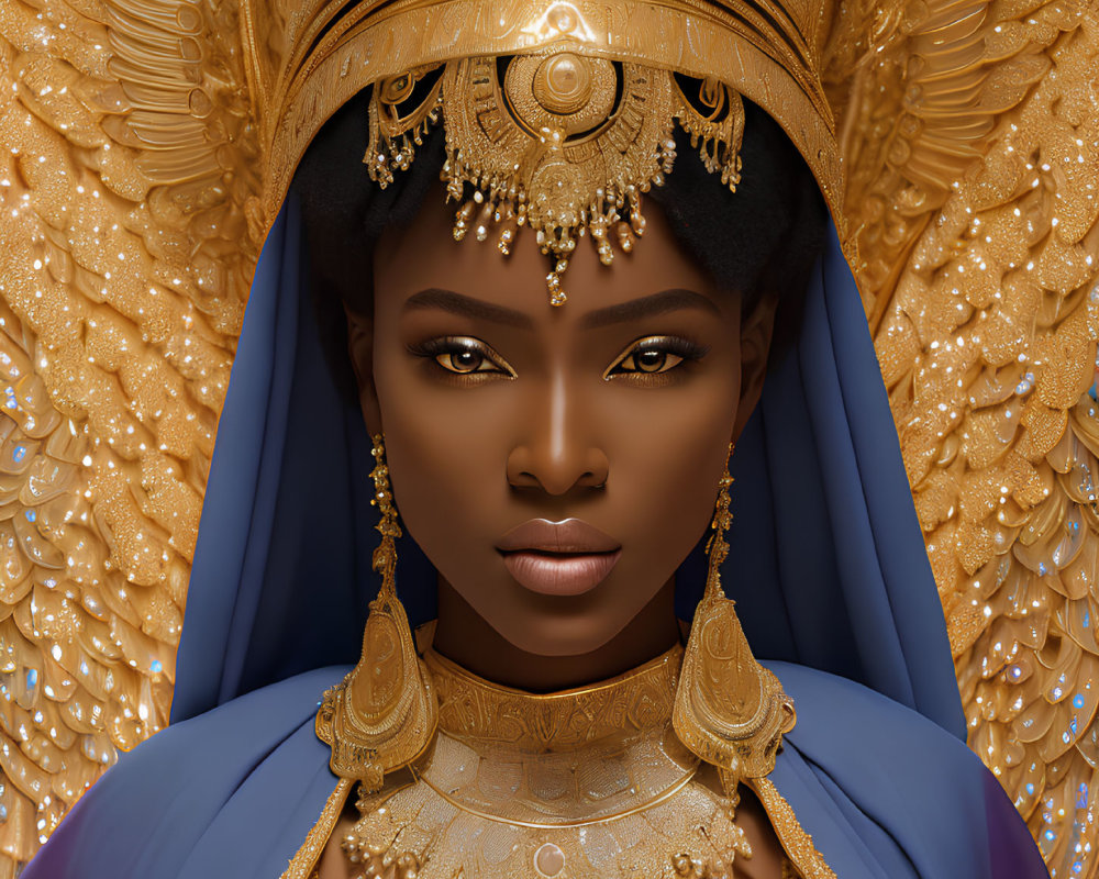 Regal woman in golden headdress and royal blue cape