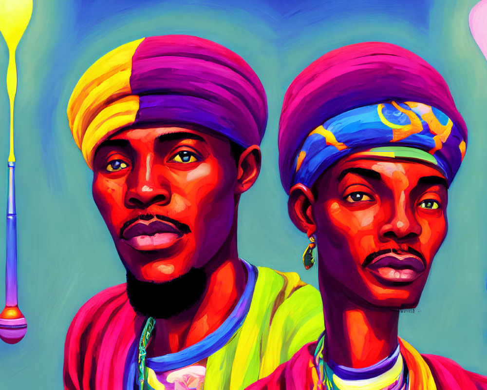Vibrant digital painting: two figures in head wraps with jewel-toned bulbs.