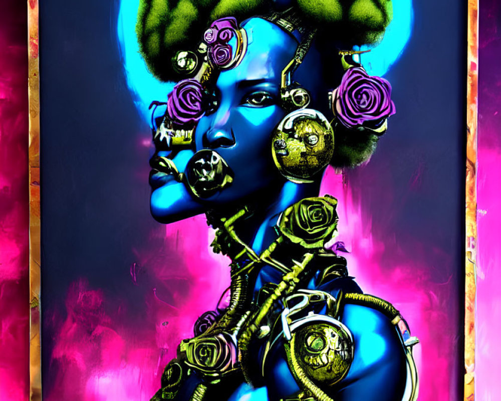 Afrofuturistic female figure with blue skin and gold jewelry on pink and gold background