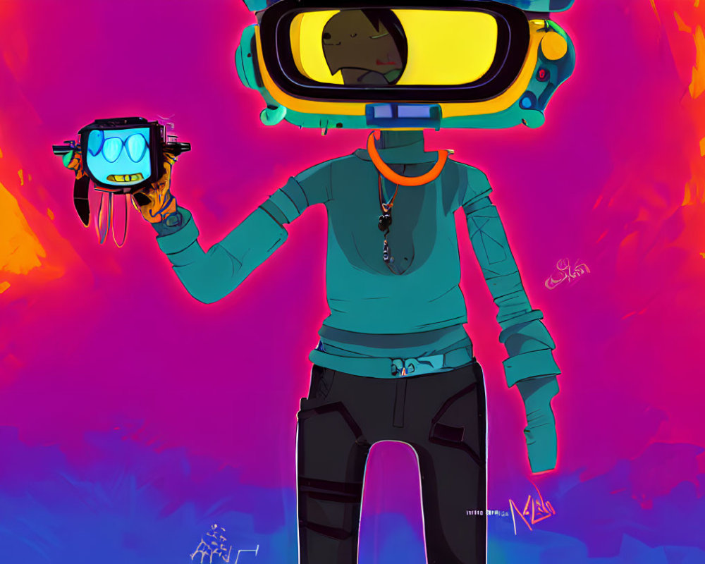 Stylized character in diving helmet and goggles against vibrant backdrop