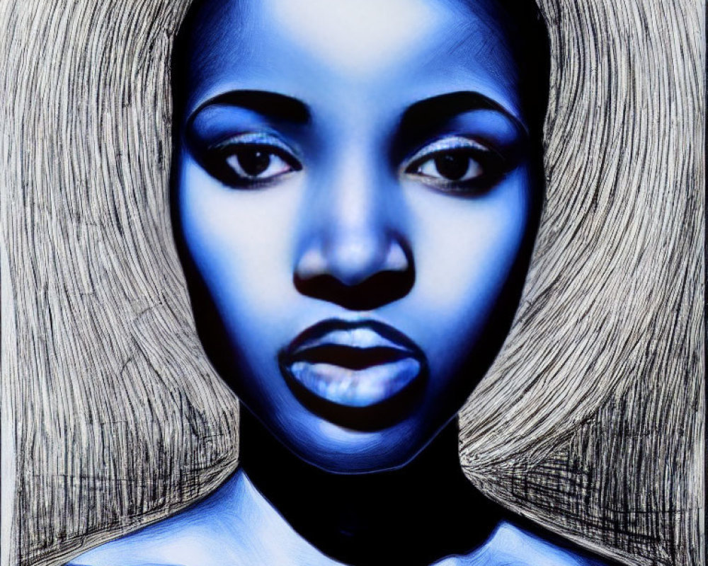 Stylized portrait of woman with blue hues, striking eyes, and wood grain background
