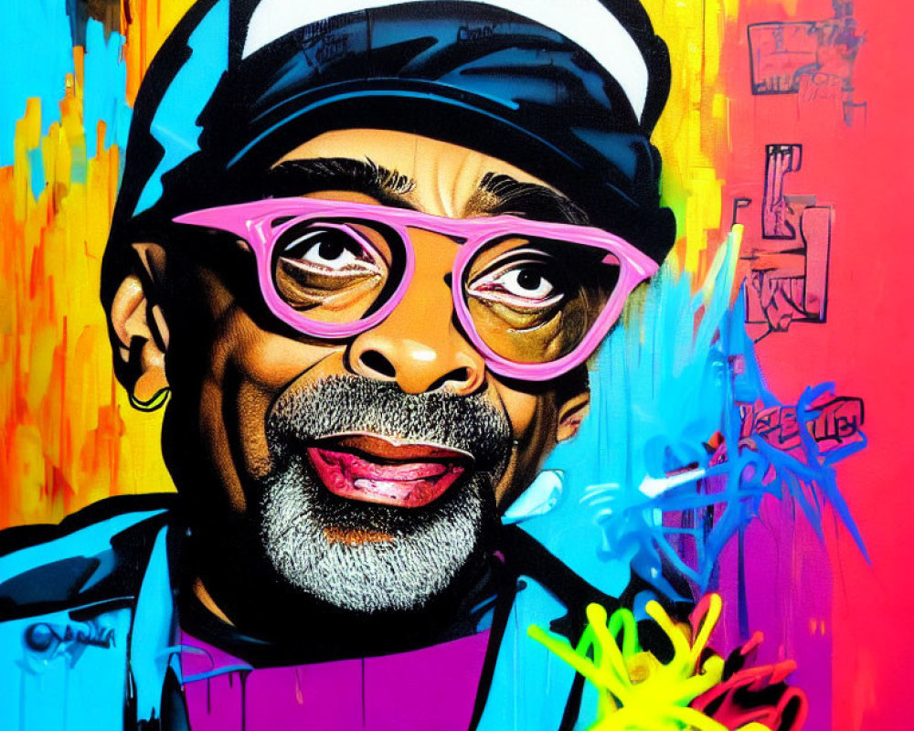 Vibrant portrait of a man with cap and pink glasses on graffiti background