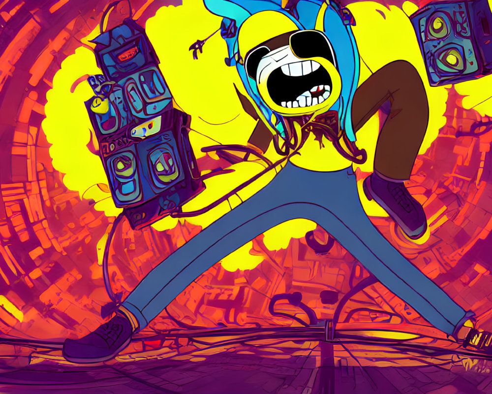 Blue Jumpsuit Cartoon Character Dancing with Headphones in Orange Background