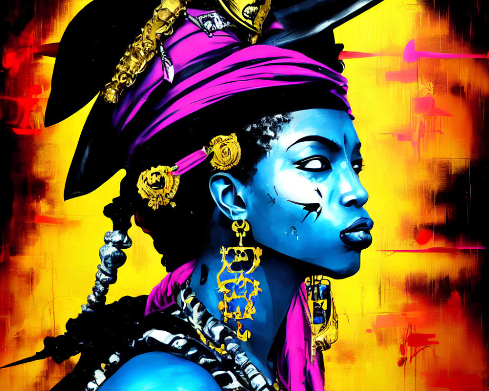 Vivid painting of woman with blue skin and pink head wrap on yellow background
