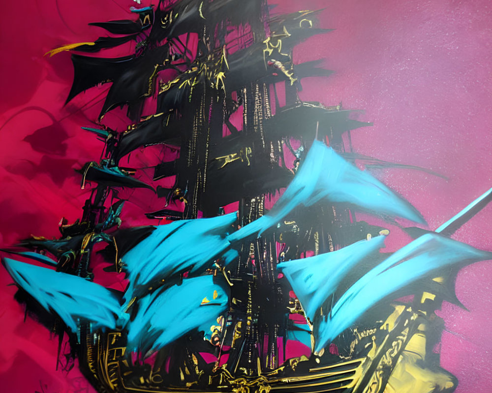 Colorful ship painting with turquoise and black sails on pink background