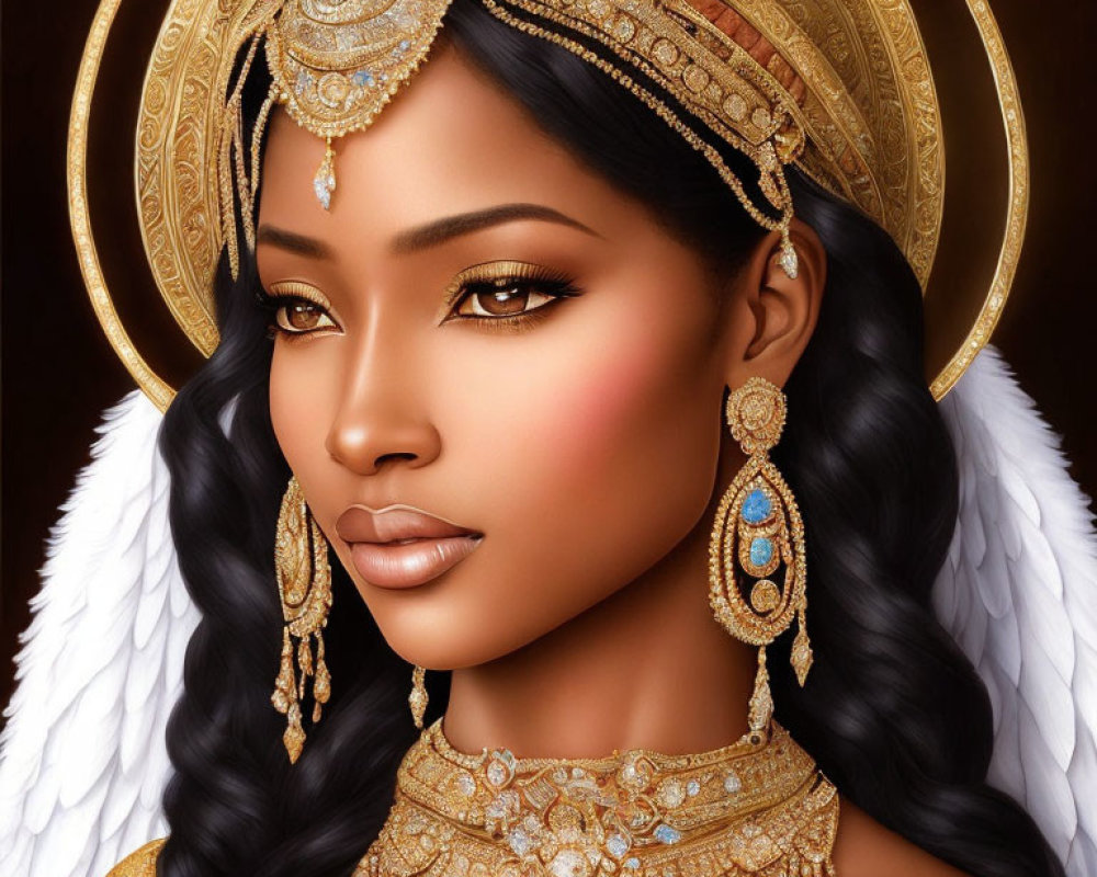 Digital Artwork: Woman with Golden Headdress and Feathered Shoulders