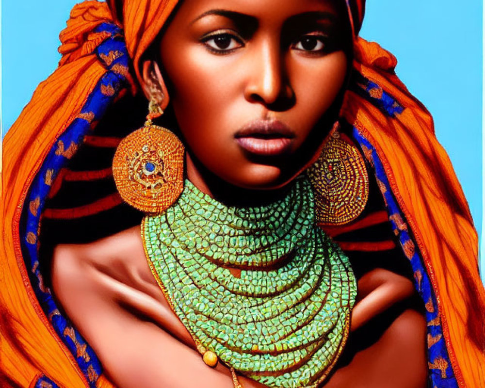 Striking woman in orange head wrap with bead necklaces against blue backdrop
