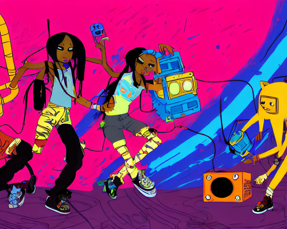 Vibrant dance battle illustration with diverse characters and graffiti backdrop