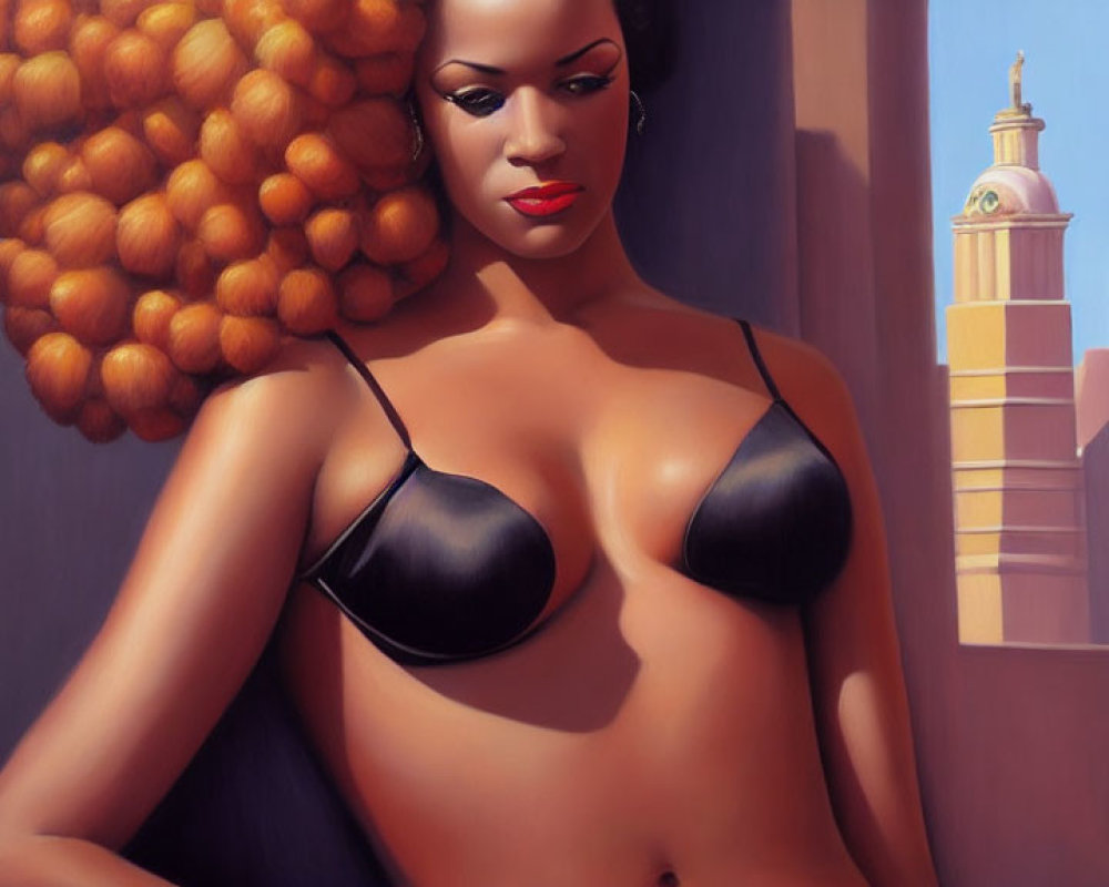 Illustration of woman with curly hair in black bikini top against architectural backdrop