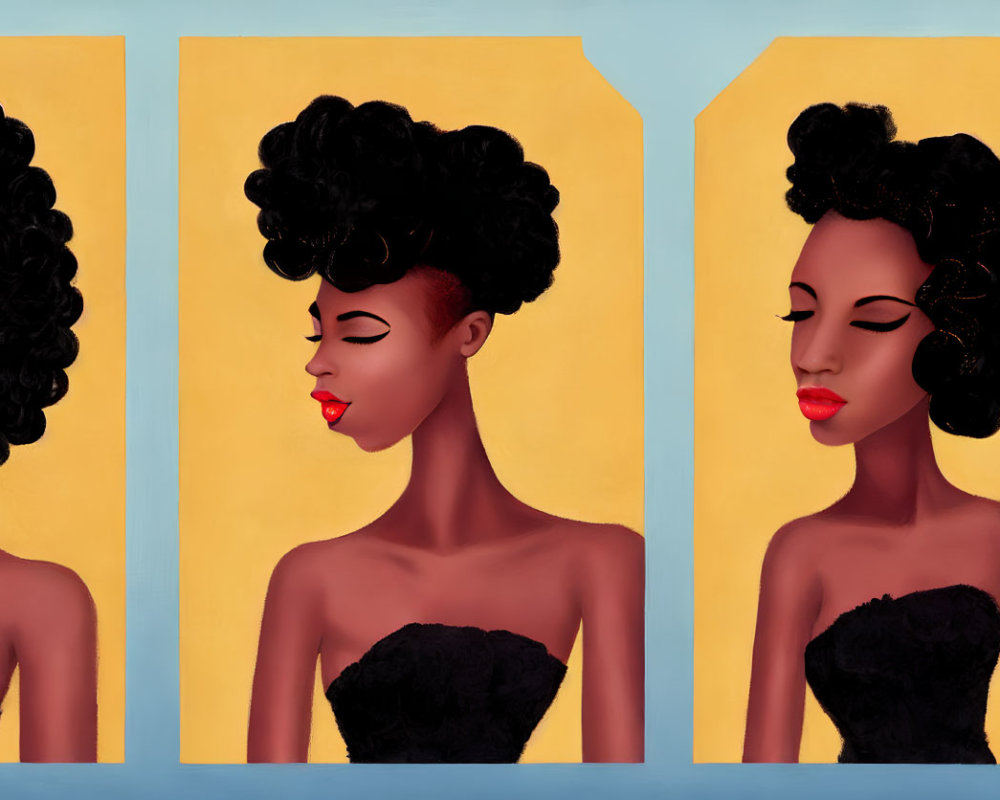 Stylized portraits of a woman with black hair and red lipstick on yellow background