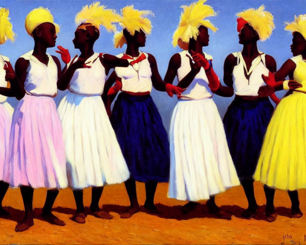 Group of seven women in colorful skirts and white tops with yellow headscarves against blue sky