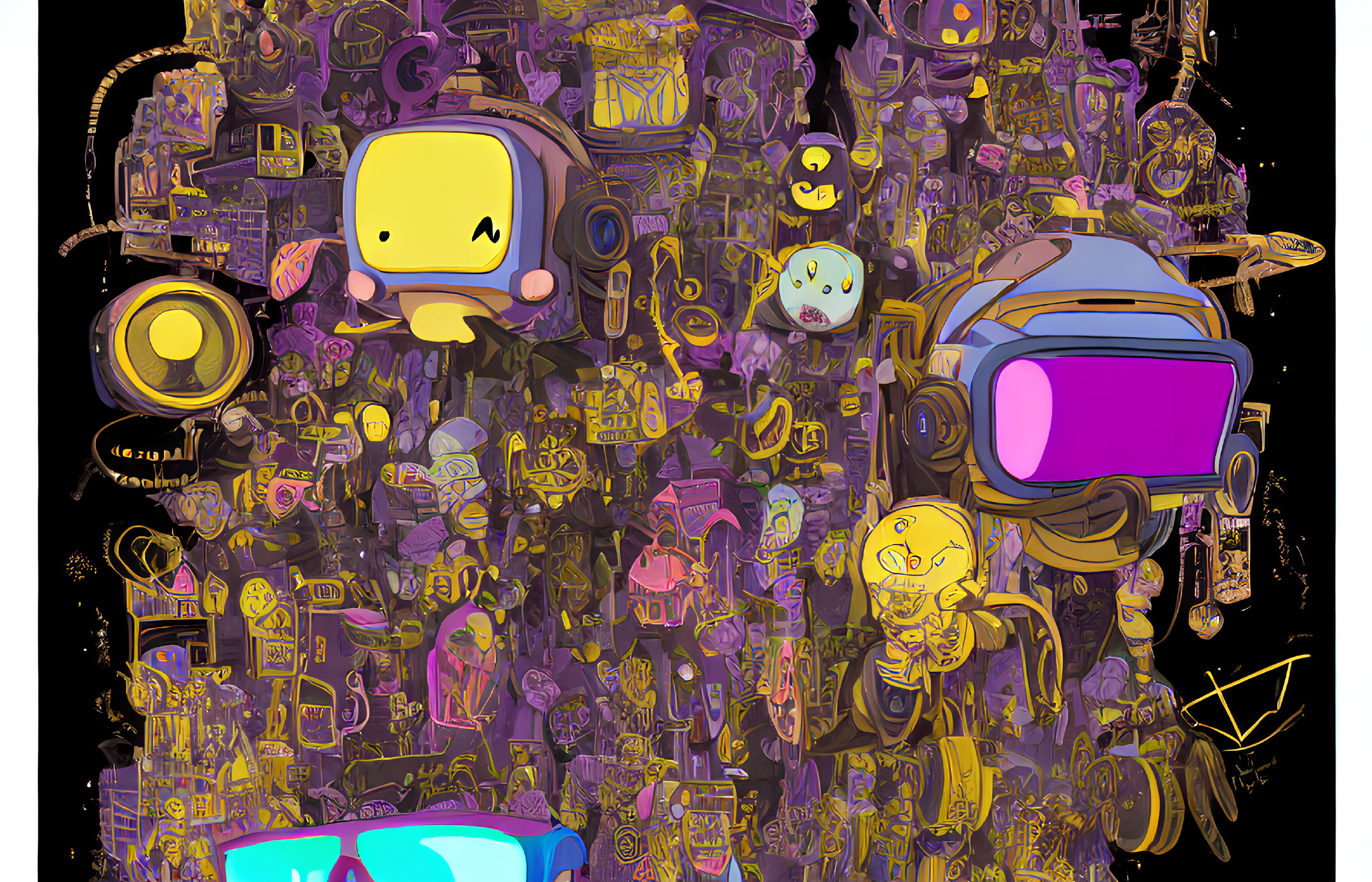 Colorful Stylized Robots and Characters on Dark Background