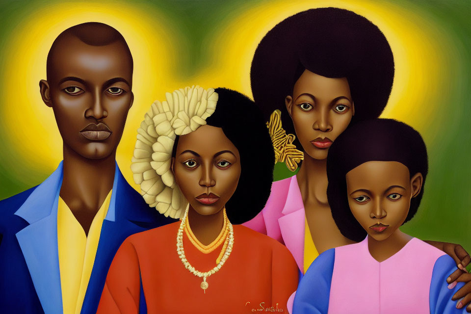 Colorful Family Portrait with Large Eyes and Afros on Yellow Background