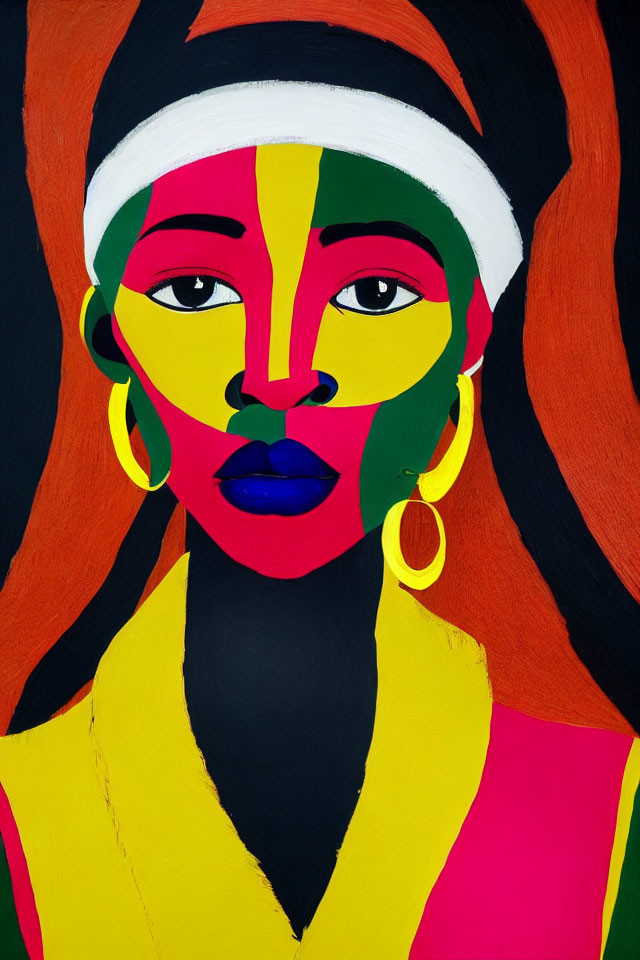 Colorful abstract portrait of woman with geometric facial segments and accessories.