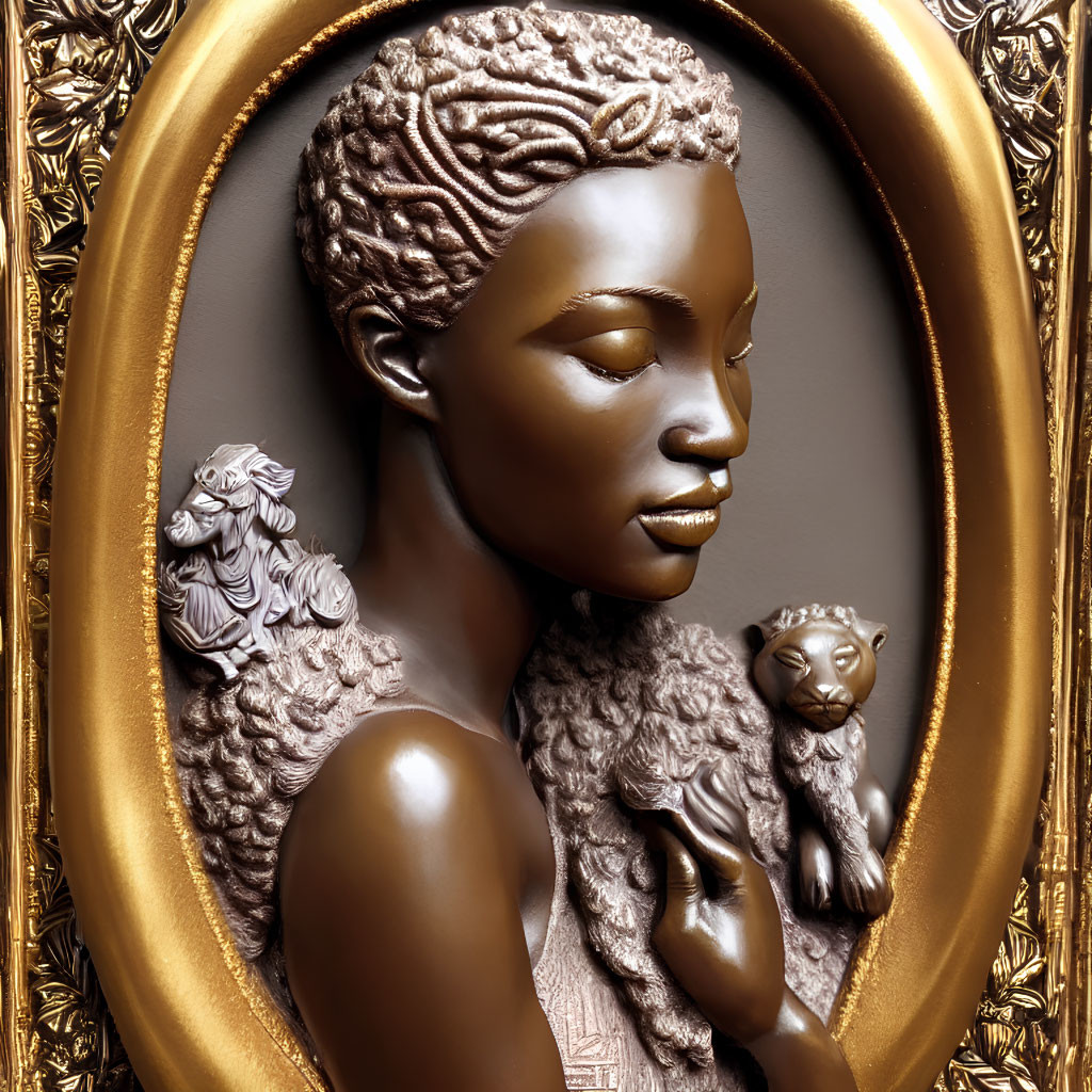 Bronze bas-relief sculpture of a woman with intricate hair texture in ornate oval frame