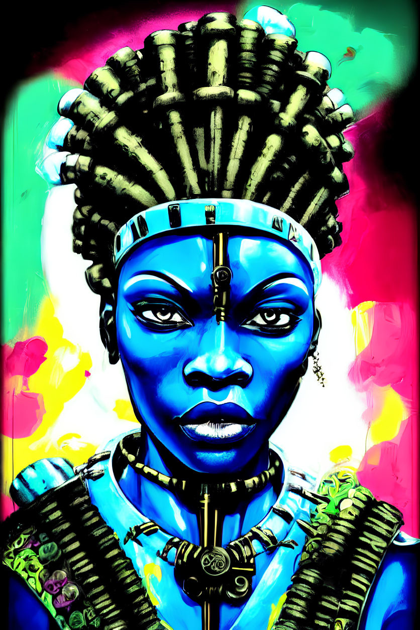 Colorful digital art: woman with African headgear and blue skin on abstract background