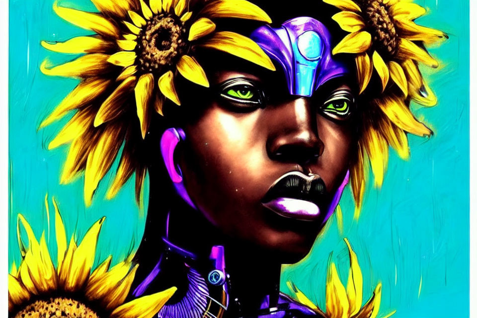 Person with Sunflower Adornments and Purple Cyborg Enhancements on Blue Background