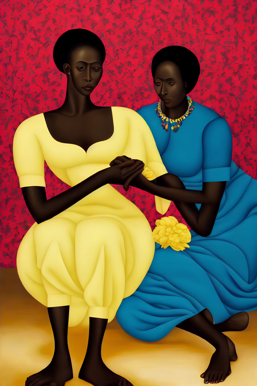 Two Women in Yellow and Blue Dresses on Red Patterned Background
