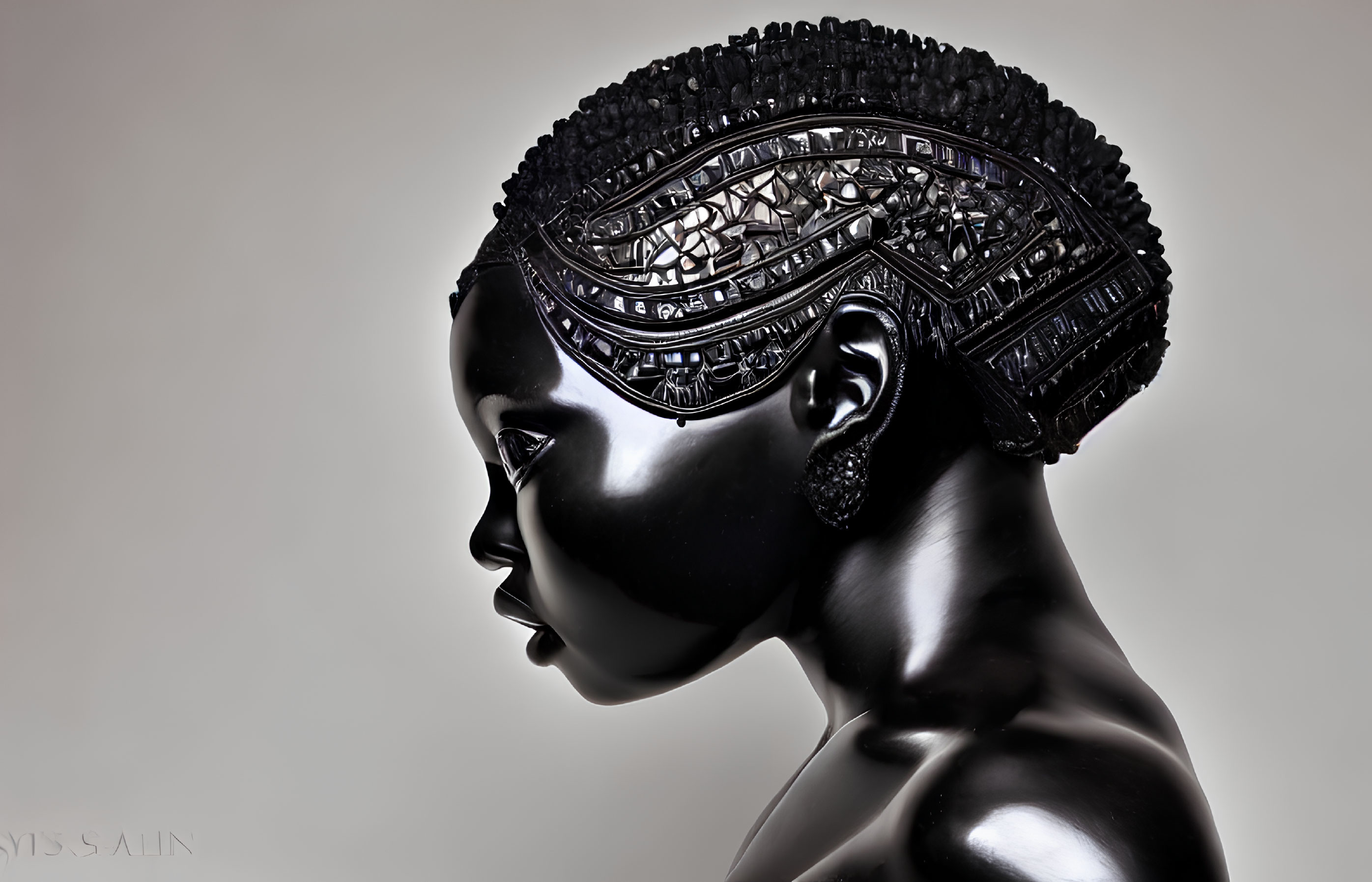 Detailed African woman bust sculpture with intricate hair and headpiece