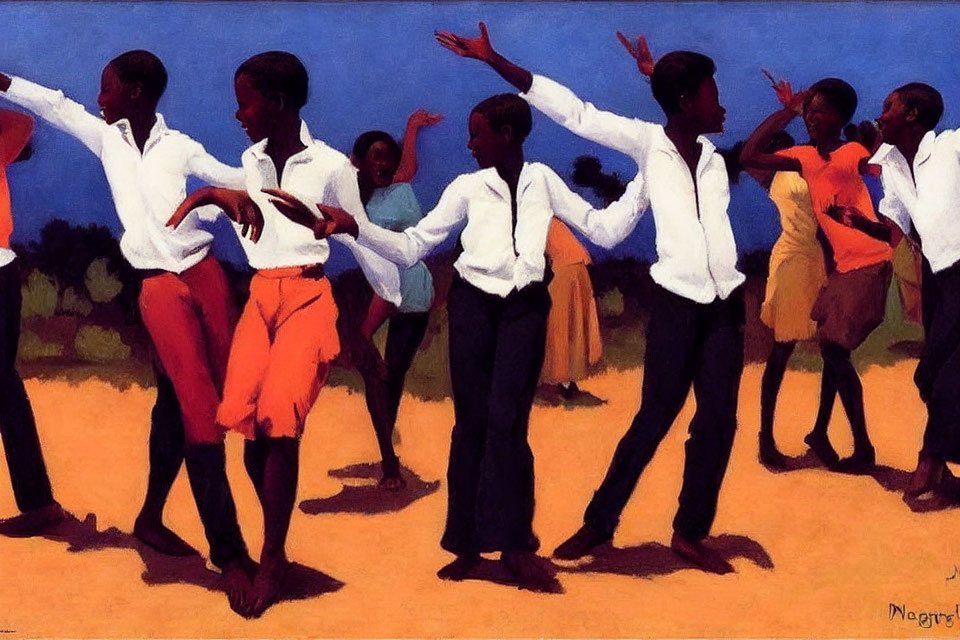 Vibrant painting of people dancing in colorful attire