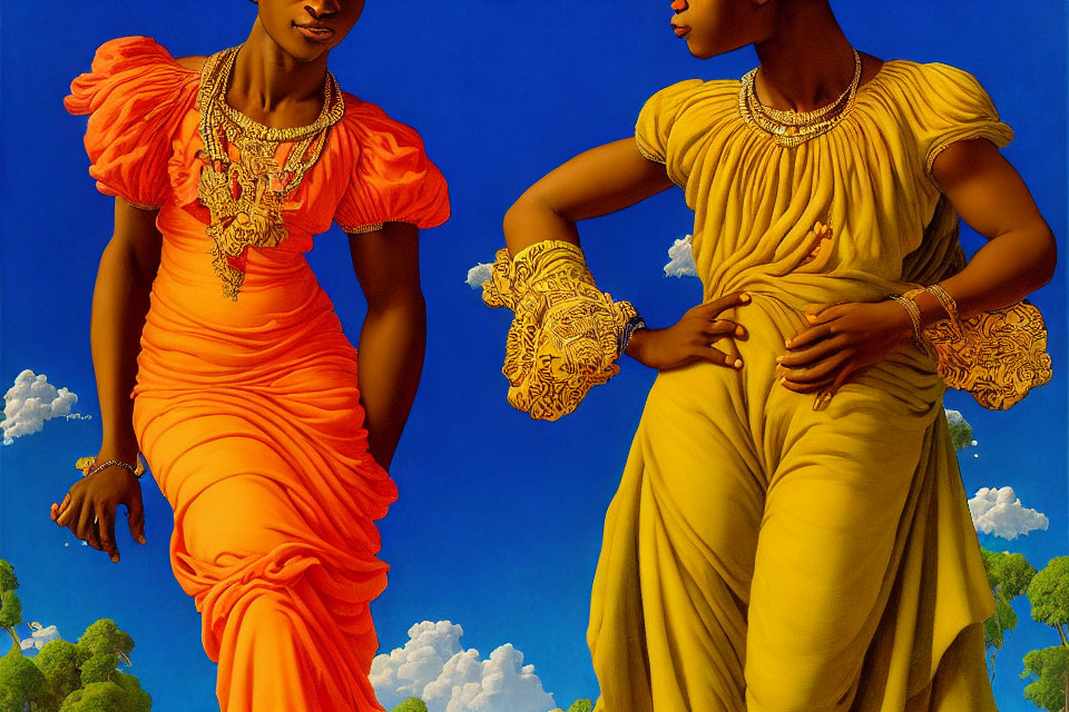 Two Women in Vibrant Orange and Yellow Dresses with Gold Jewelry against Blue Sky