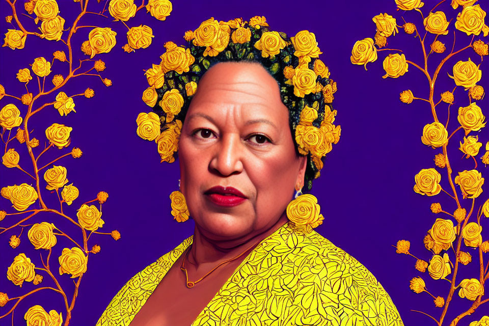 Woman with Floral Headdress on Purple Background with Yellow Roses