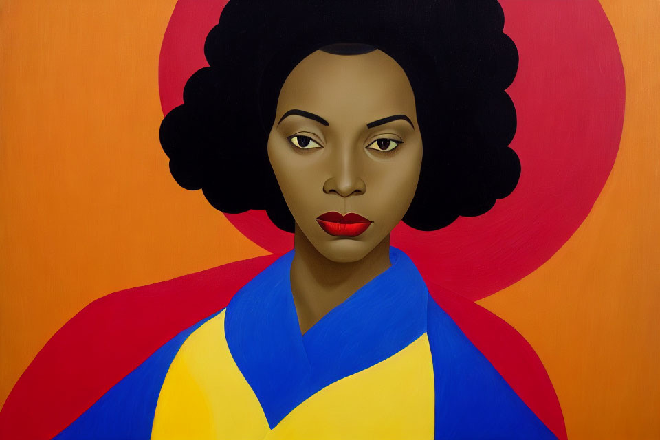 Stylized portrait of woman with large afro on red background wearing blue and yellow top