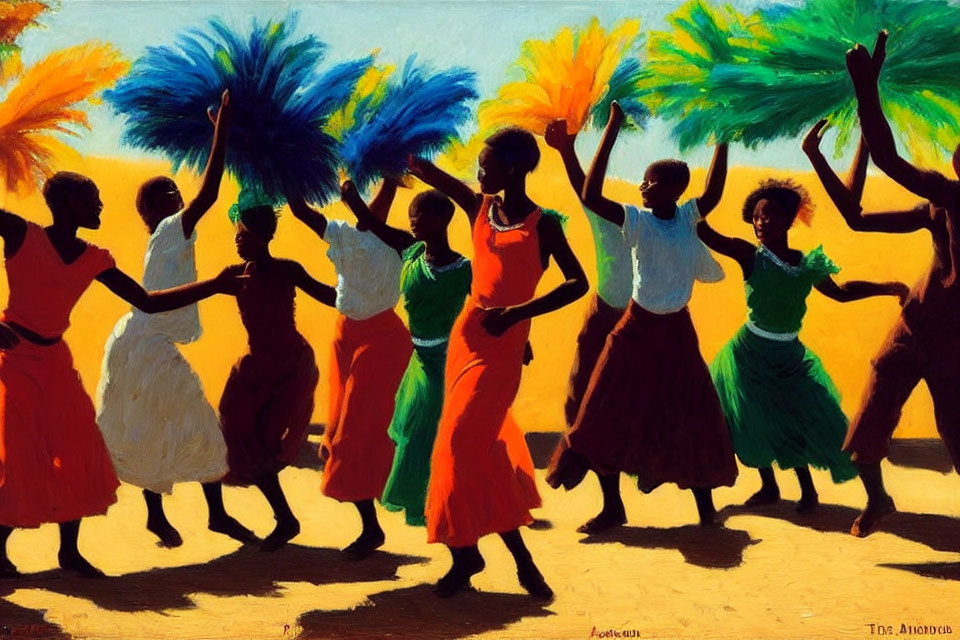 Colorful painting of people dancing with feather plumes under a yellow sky