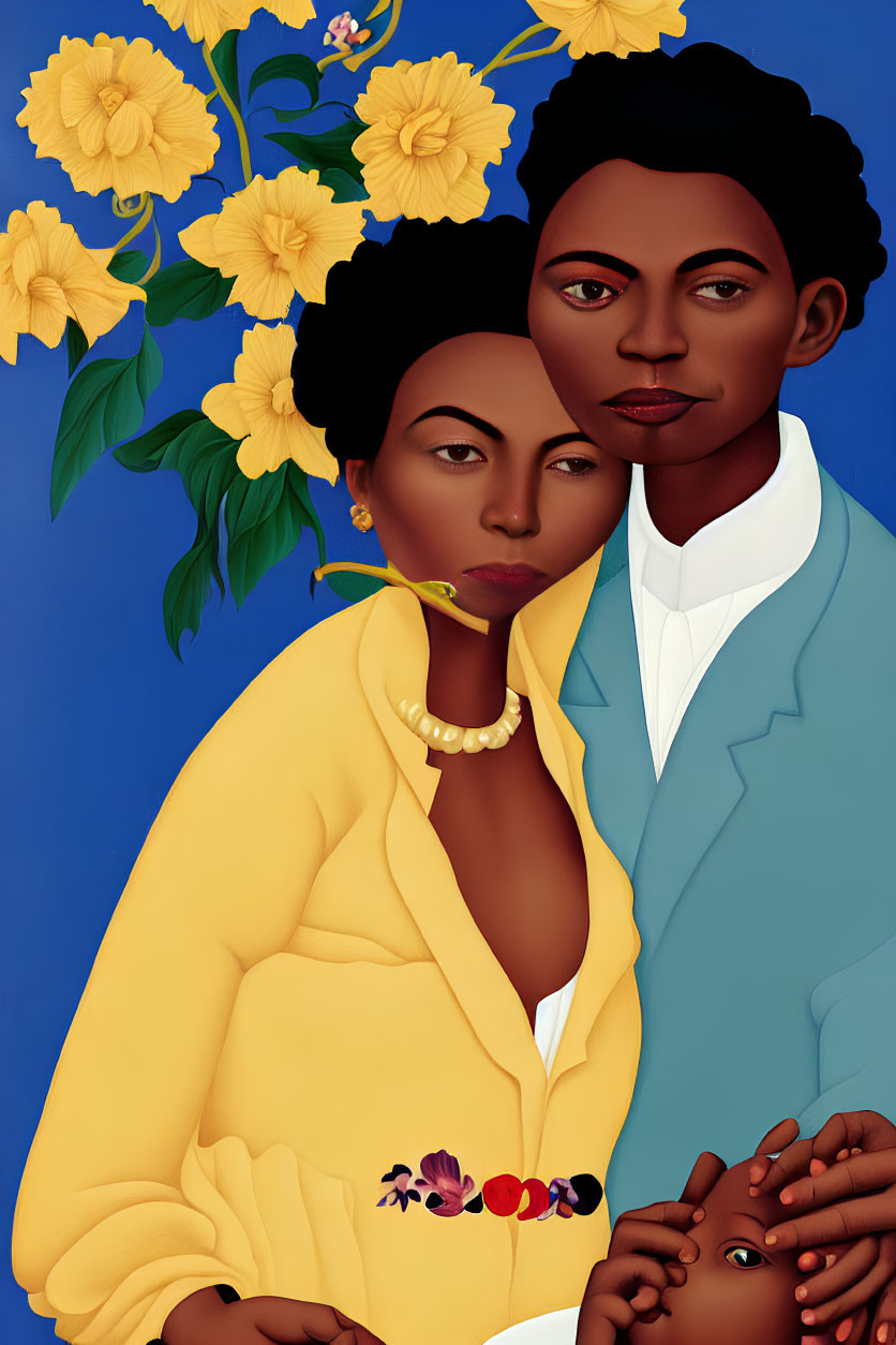 Stylized portrait of couple in yellow and light blue attire on blue background