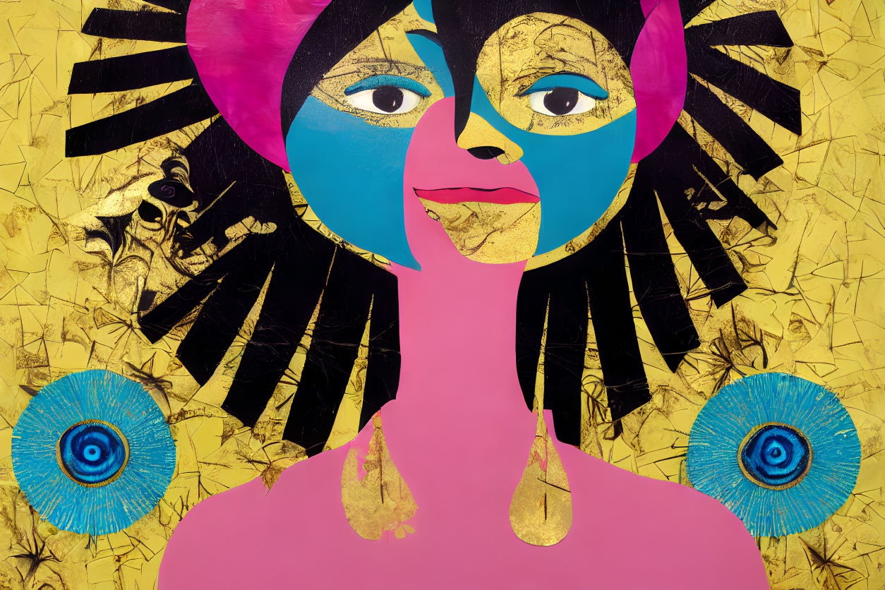 Colorful Abstract Portrait of Woman with Geometric Blue and Gold Face