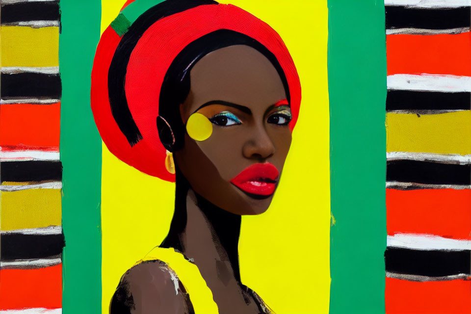 Vibrant painting of a woman with red headwrap and yellow earring