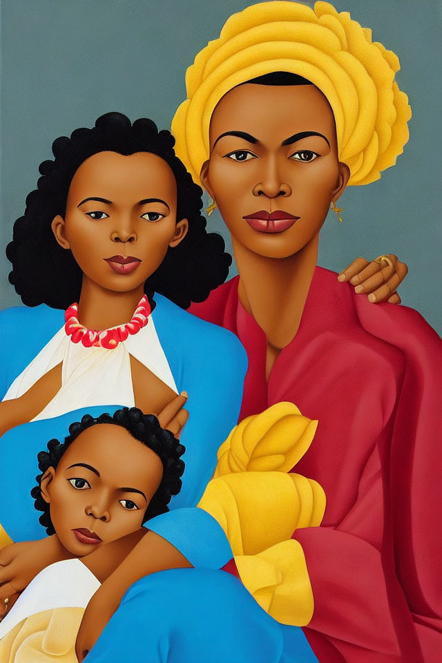 Stylized portrait of woman in red garment with children in colorful attire