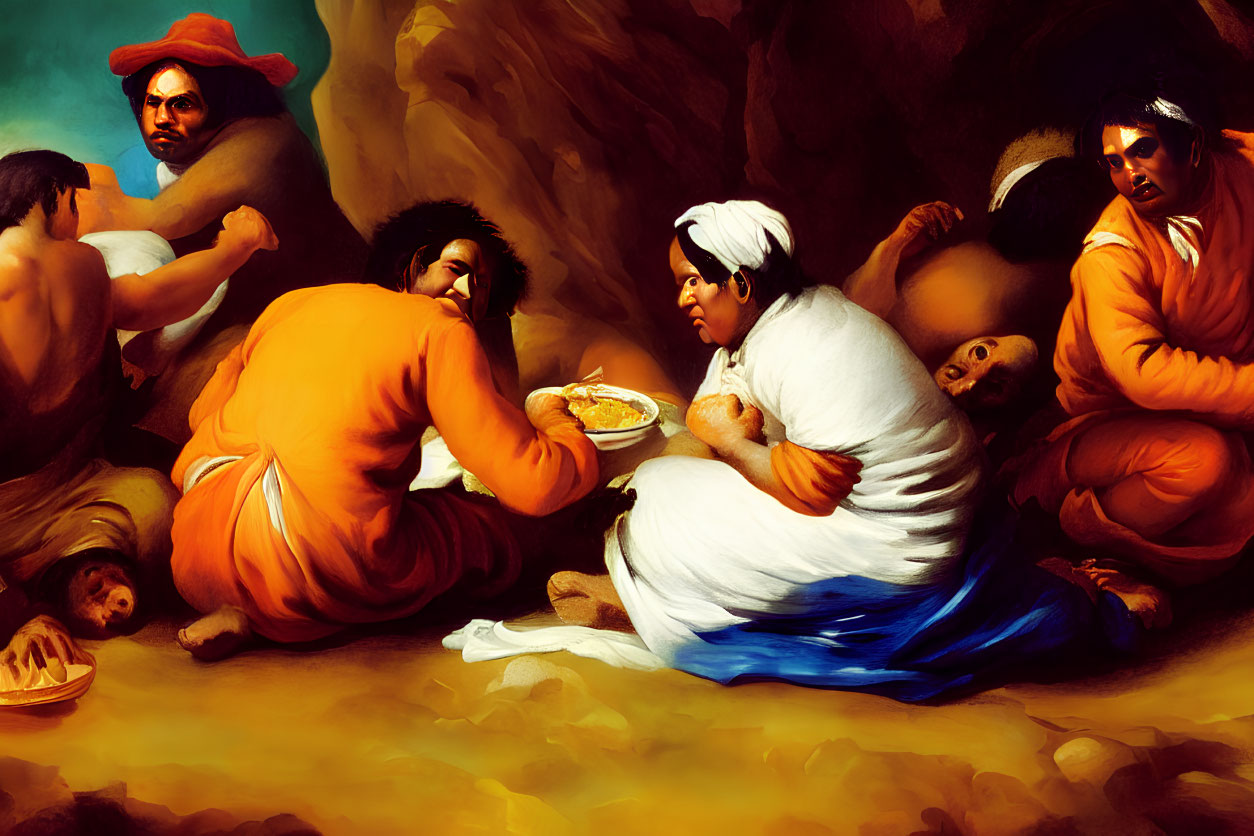 Colorfully dressed group conversing and sharing food in cave-like setting