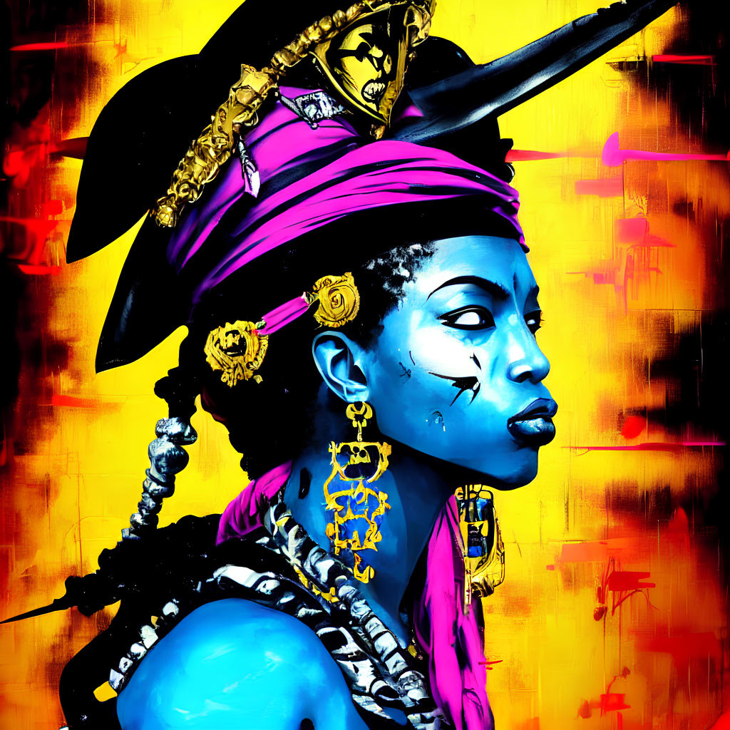 Vivid painting of woman with blue skin and pink head wrap on yellow background