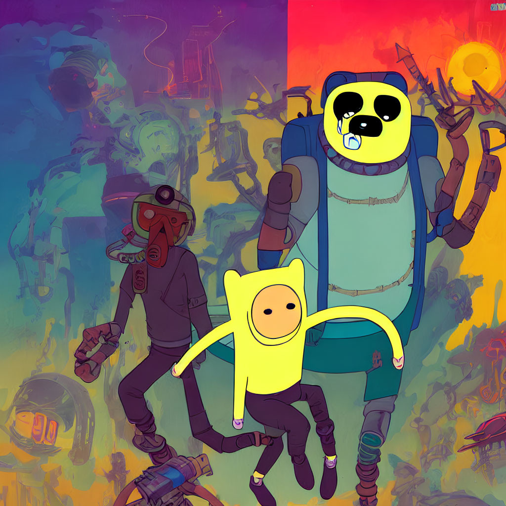 Colorful Sci-Fi Illustration Featuring Jake the Dog and Finn the Human with Robots and Futuristic Elements