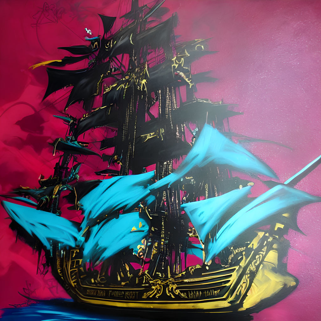 Colorful ship painting with turquoise and black sails on pink background