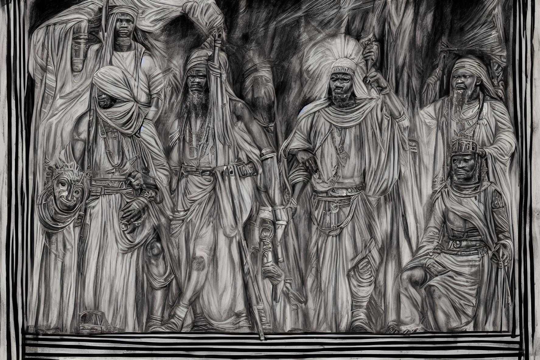 Monochrome artwork of five diverse warrior figures in regal attire.