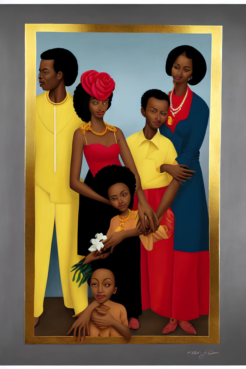 Colorful Stylized Family Portrait Against Gold Frame