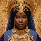 Regal woman in golden headdress and royal blue cape